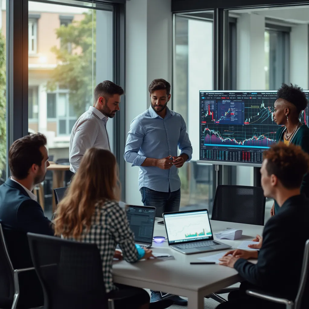 Équipe IA Financière en discussion stratégique autour d'une table